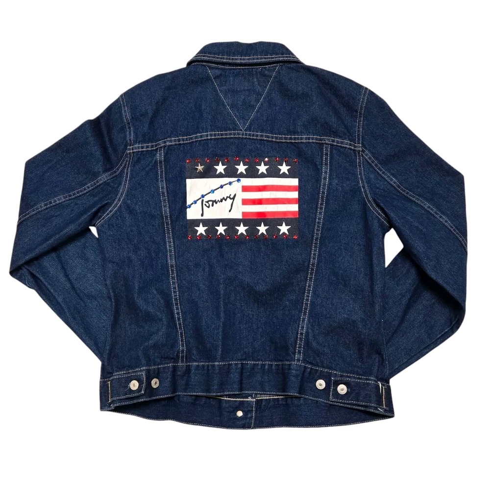 VTG Tommy Hilfiger Jeans Denim Jacket w Blingy Flag Graphic on Back Women's L